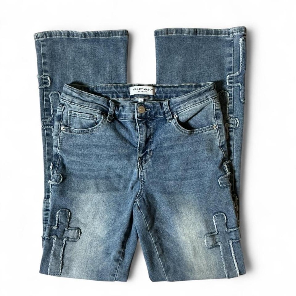 Y2K Ashley Mason Premium Womens Cross Patch Flare Jeans Blue Medium Wash 5/27